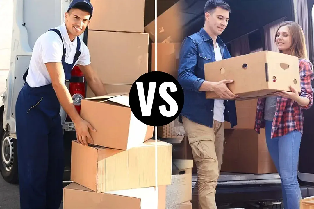diy vs hiring professionals-a couple and a professional is loading a truck with boxes