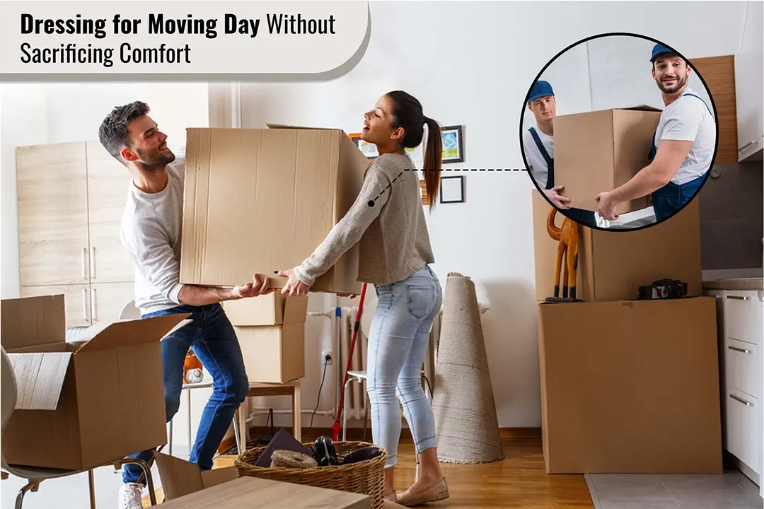 ready to move employees are happily moving things while owners of the house choosing the clothes for moving day