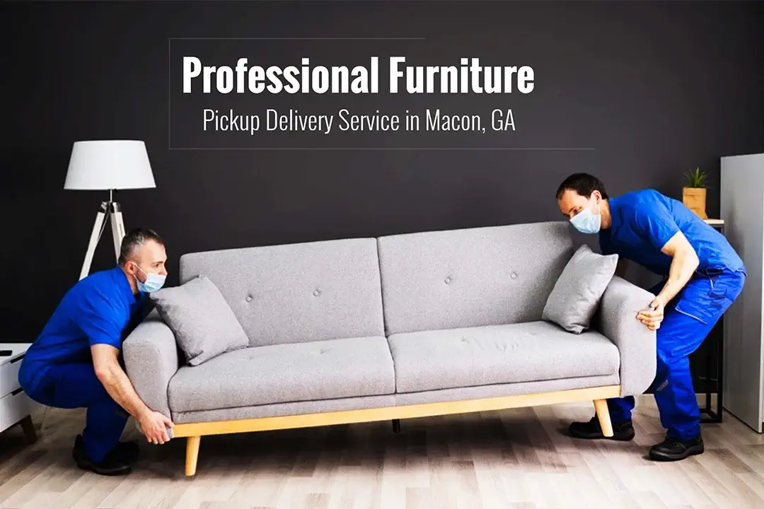 two furniture pickup delivery professionals are moving sofa
