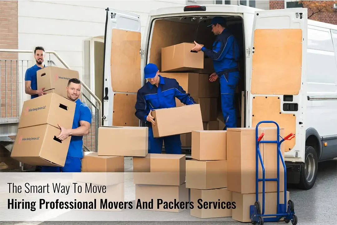 two professional movers and packers are coming downstairs with moving boxes are rest are loading a truck with boxes